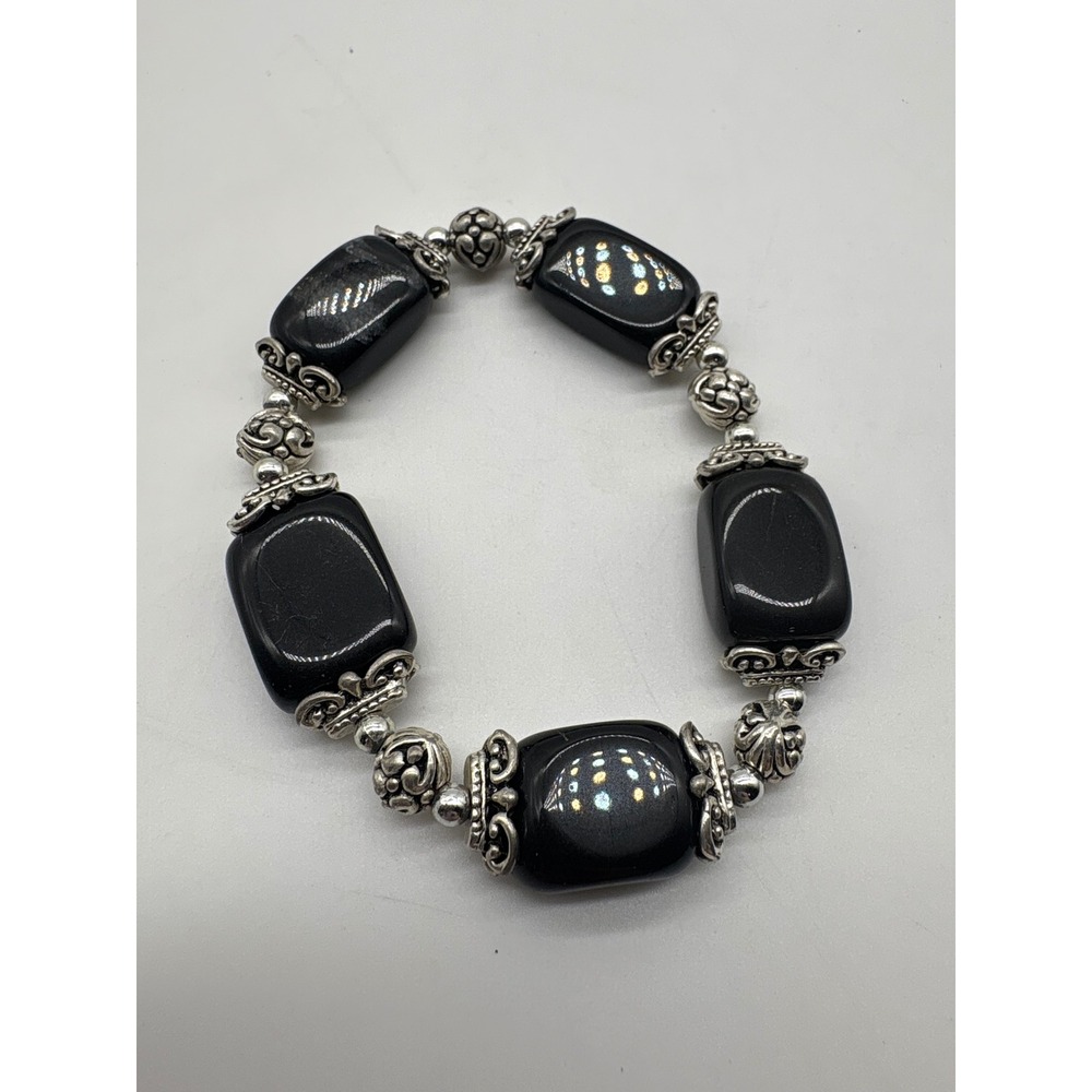 Black Stone Stretch Bracelet Silver Tone‎ Ornate Floral Spacer Beads Boho